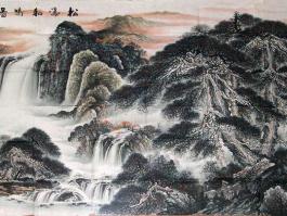 黄建生国画”秋瀑和鸣图“